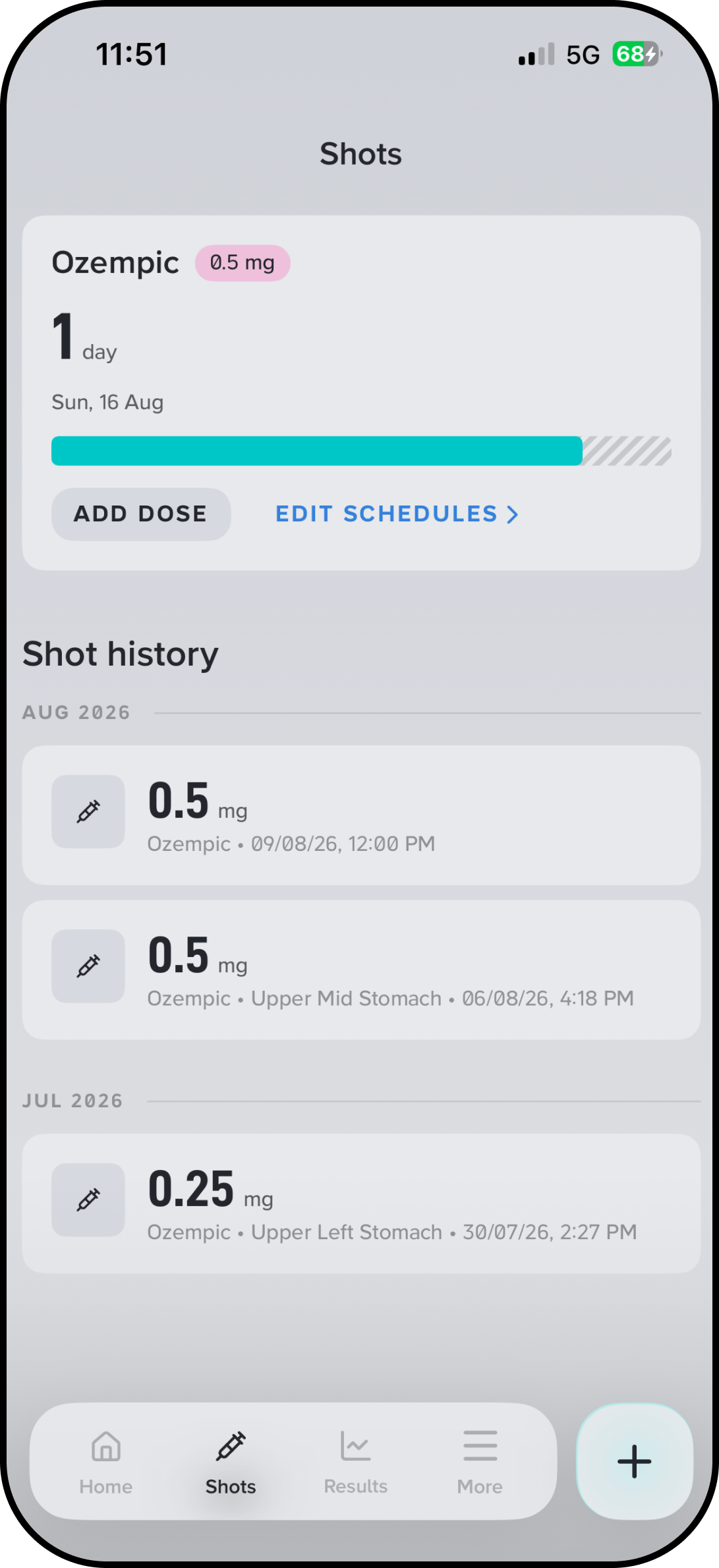 Shotday shots screen with dose history